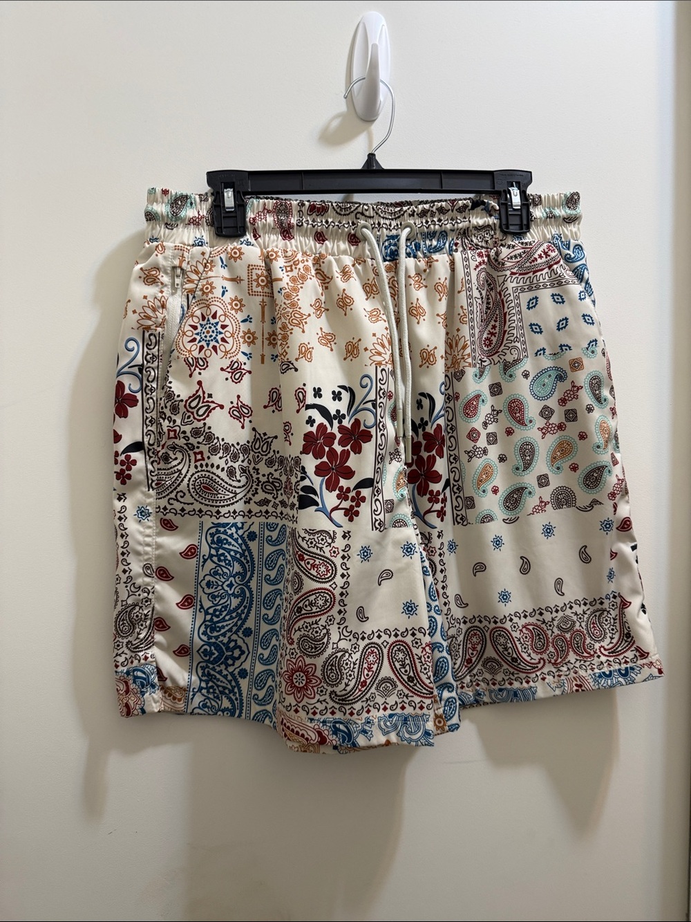 Men's Cream Paisley Patchwork Drawstring Shorts - Multi